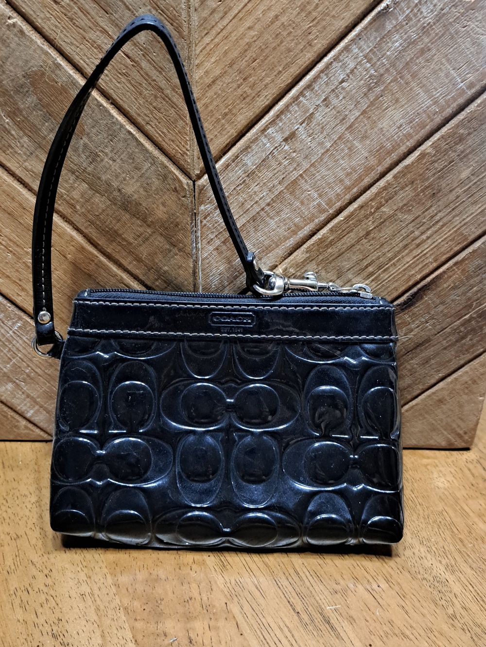 Coach Black Patent Signature Wristlet with Embossed C Motif
